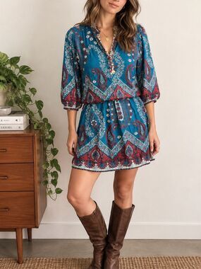 Vintage Y2K Deadstock Boho Indie Casual Beaded Sequin 3/4 Sleeve Mini Dress Cute